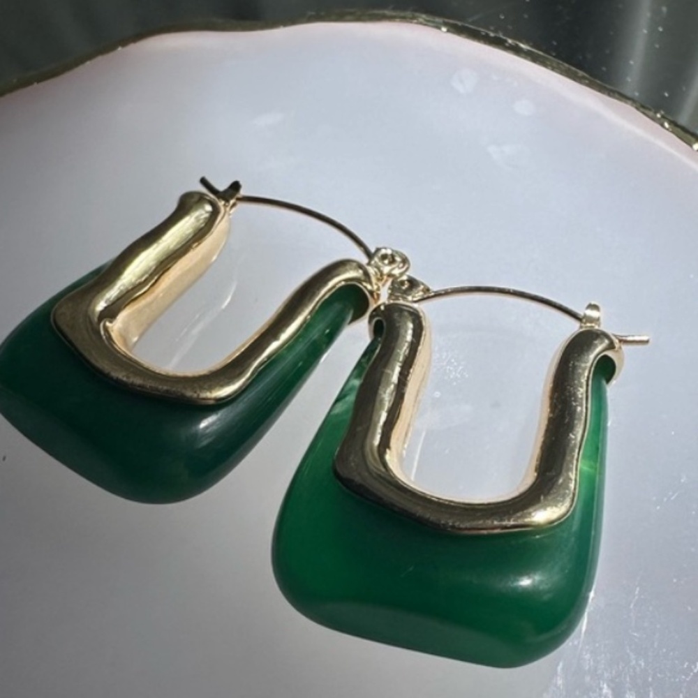 Green Resin Gold Hoop Earrings – Geometric Statement Jewelry